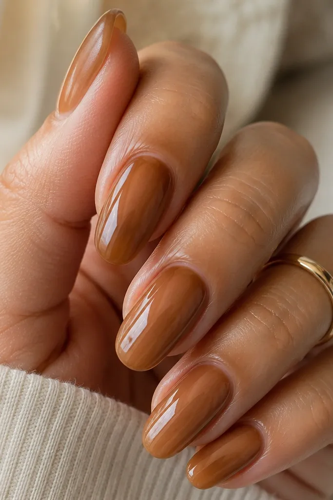 Medium oval nails with a warm caramel base. The finish looks glazed and dimensional, like a thick candy coating, with a smooth high-shine reflection.