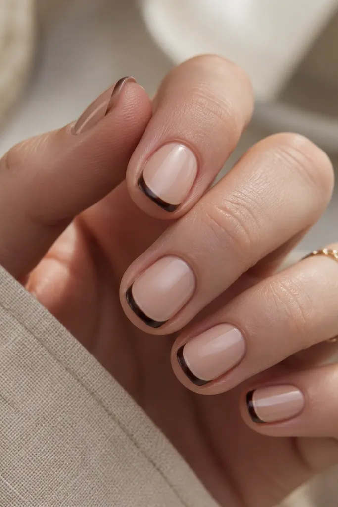 Short round nails with a nude base and very thin espresso French tips. There's a small nude gap just under the tip line, and the set is glossy.