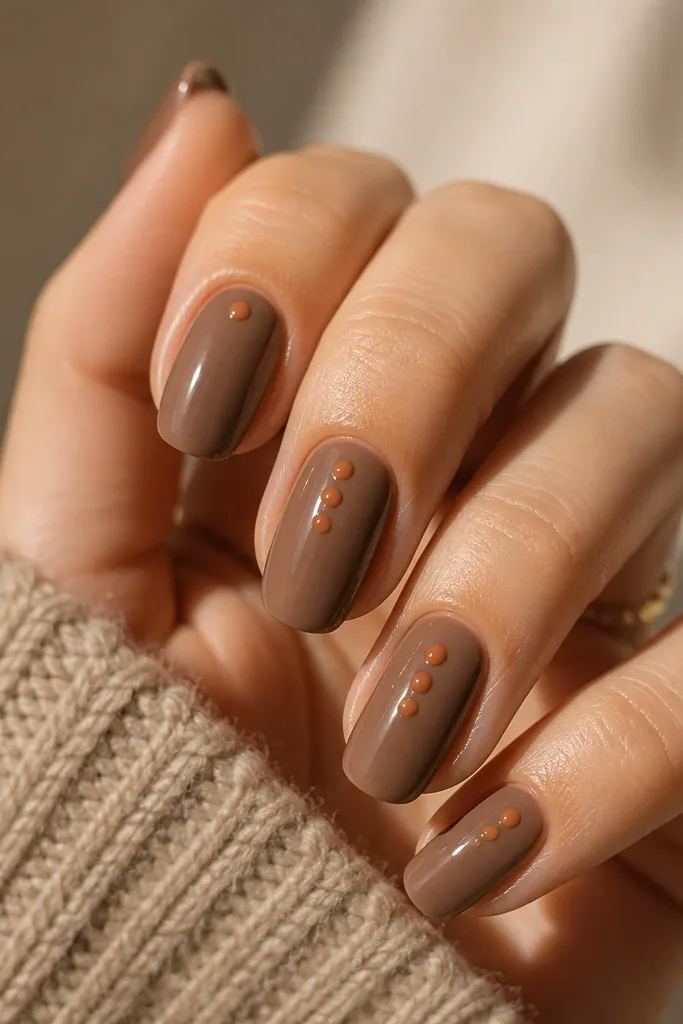 Almond nails in warm taupe. Across two accent nails, there are scattered terracotta dot clusters (small circles) near the center and toward the tip. Glossy finish.