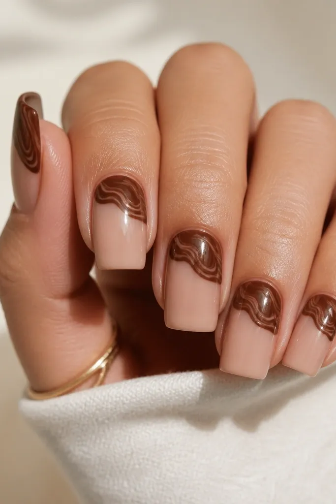 Square nails with a nude base. The top half of each nail near the tip has a chocolate swirl overlay, leaving the lower half plain nude. Glossy topcoat.