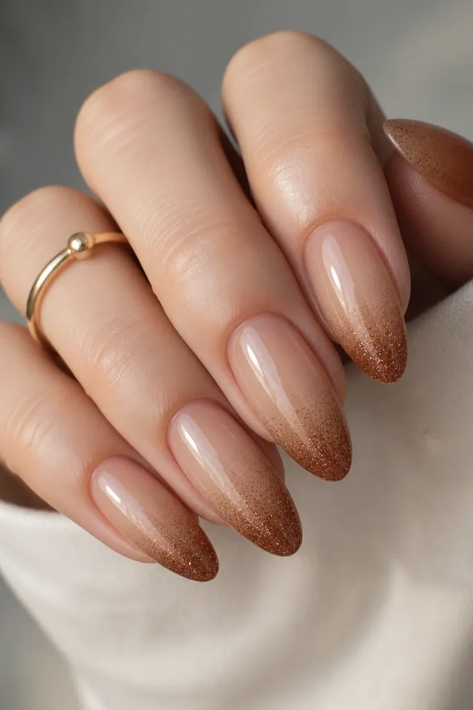 Long oval nails with a sienna-to-nude ombré. At the tip there's a fine brown sparkle that blends upward, not a glitter stripe. Glossy finish.