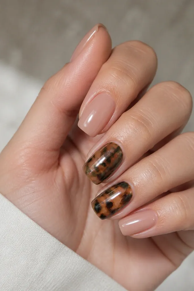 Medium squoval nails with a clear nude base. On two accent nails, there's a walnut tortoise shell pattern in dark brown, honey brown, and a tiny bit of olive. Other nails stay nude and glossy.