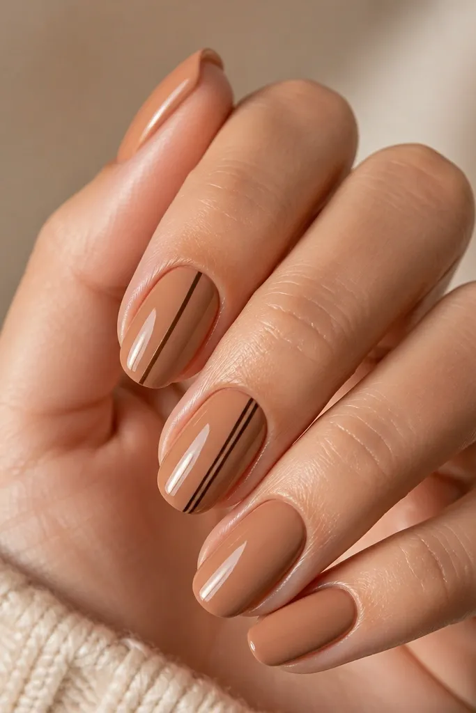 Short almond nails with a caramel nude base. One thin espresso vertical stripe runs from near the cuticle to the tip on each nail, centered. Glossy finish.