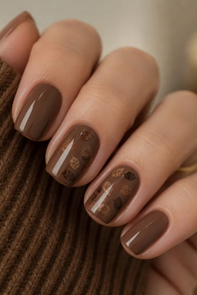 Short squoval nails painted mocha brown. On two nails there are tiny leaf stamps in lighter caramel and dark espresso, crisp and evenly spaced. Glossy topcoat.