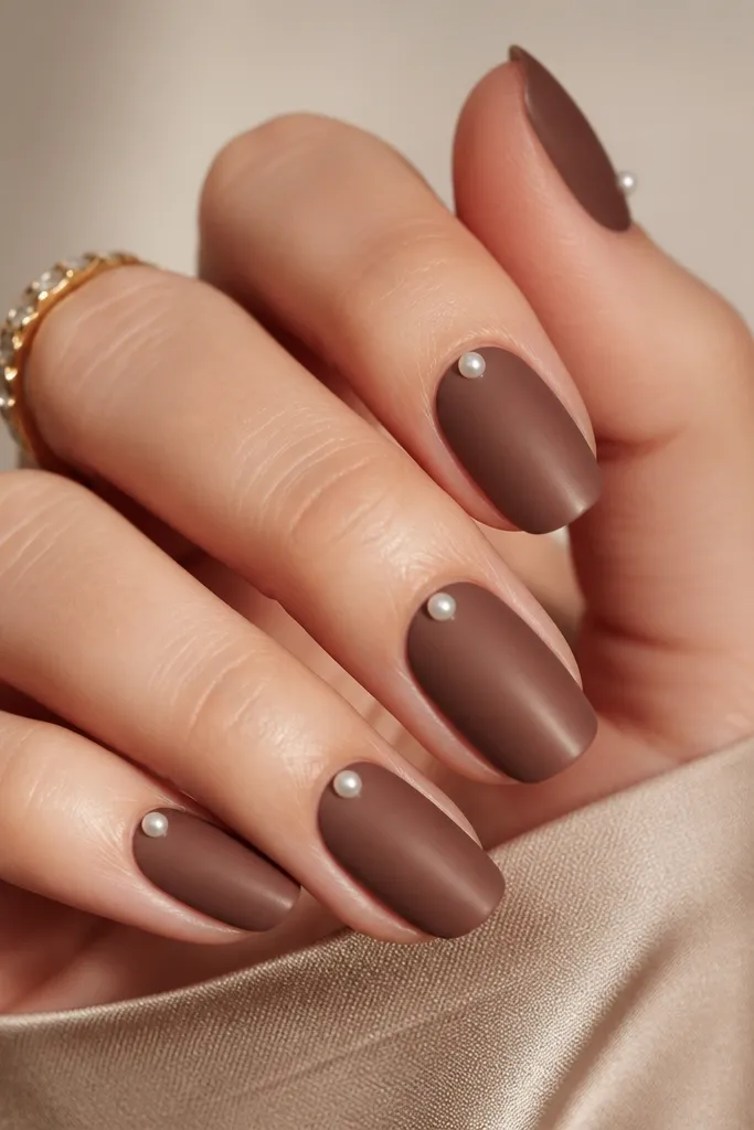 Almond nails with a satin, slightly shimmery medium brown base. At the cuticle line, each nail has one tiny pearl dot centered, like a small button. Matte-satin finish.
