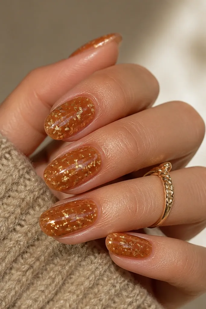 Short oval nails with a caramel glossy base. Micro gold flakes are scattered lightly near the center of each nail, with fewer flakes at the cuticle and tip. Bright reflection.