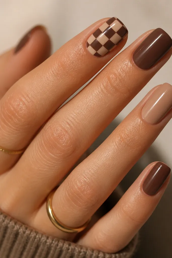 Medium almond nails with a nude-brown base. On two accent nails, there's a small checker pattern in chocolate and a slightly lighter taupe, placed near the tip. Glossy finish.