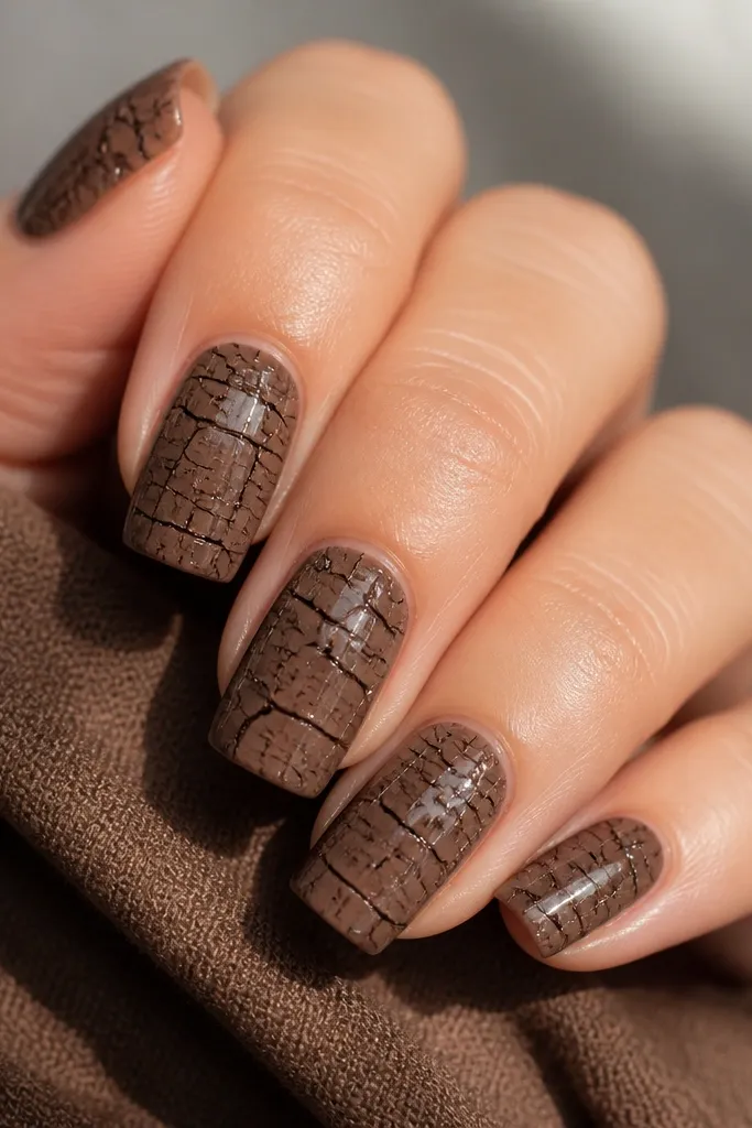 Square nails with an umber base. A crackle effect spreads across the surface in darker lines, like dried paint. Finish is glossy and the cracks look raised.