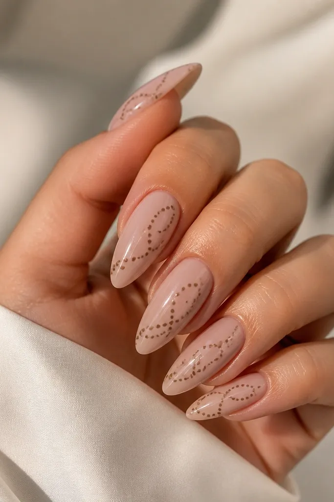 Long almond nails with a nude base. Each nail has a loose swirl near the center made of tiny mocha dots, like a dotted ribbon. Glossy finish.