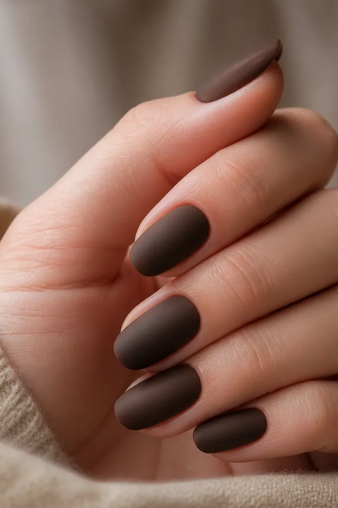 Medium oval nails with an espresso base finished matte and slightly fuzzy, like velvet. Along both sidewalls there's a soft gradient fade in a lighter brown, subtle and smooth.