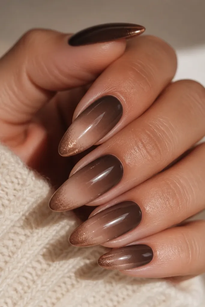 Long almond nails with a dark cocoa-to-nude ombré. The very tip has a bronze shimmer layer that fades upward slightly. Glossy finish.