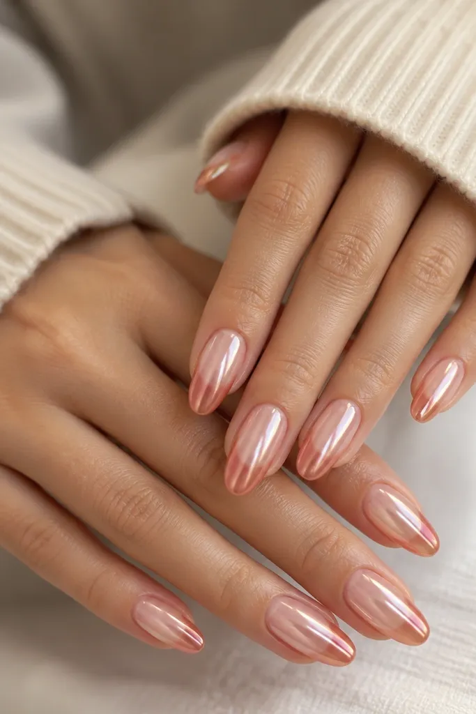 Ten nails in a soft almond shape. The base is sheer blush pink, fading into a deeper rose at the tips. A rose-gold chrome overlay makes the nails look like glossy glass, brightest at the center and slightly darker near the tip.