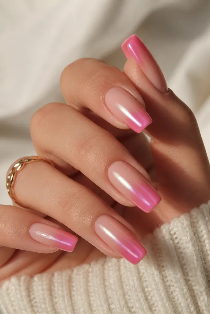 Long squoval nails. The tips are bright hot pink that fade into a nude-beige near the cuticle. Chrome is applied as a center stripe sweep from base to tip, leaving the sides more softly ombréd.