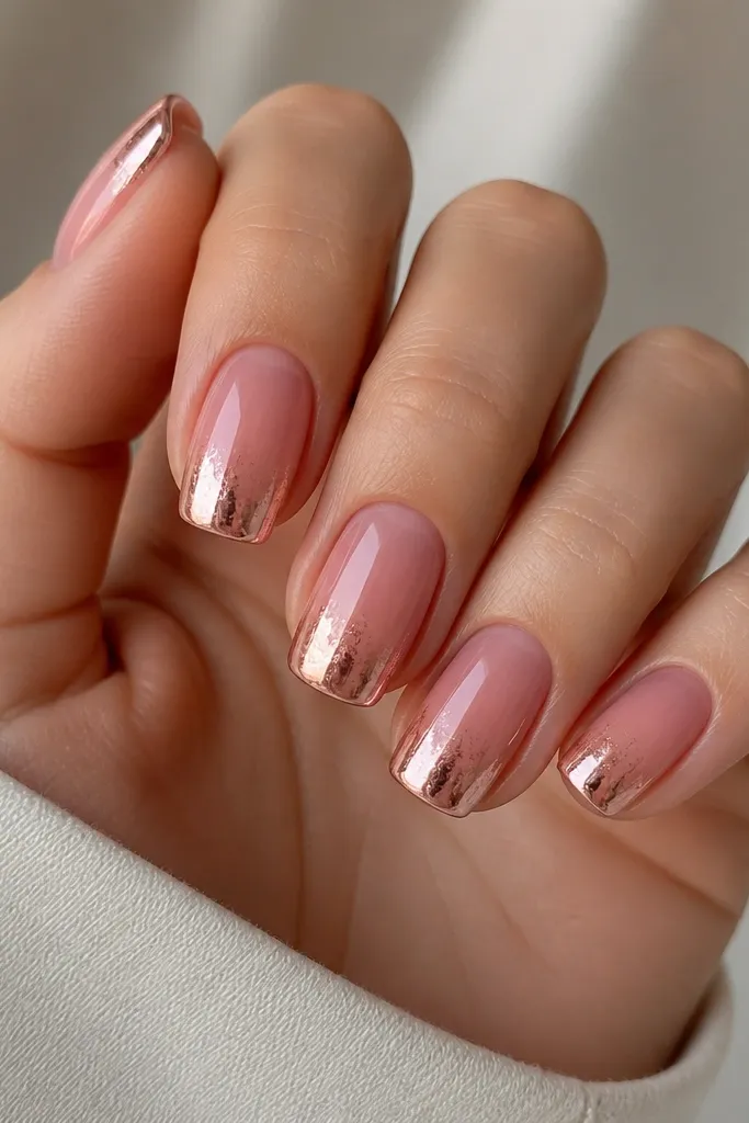 Short-to-medium square nails. The cuticle area is sheer pink. The tips have a French-like shape, but the pink inside the tip fades into the base. Rose-gold chrome appears like a foil sheet on the tip area, brightest at the outer edges.
