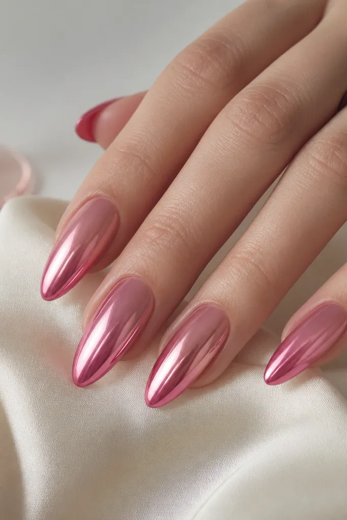 Almond nails with a sheer pink base fading into deep berry at the tips. The entire nail surface is mirror-like pink chrome, with the brightest reflection near the tip and a darker tone near the cuticle fade.