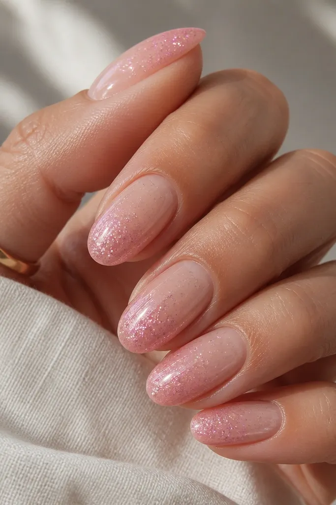 Oval nails. The ombre is blush to soft pink tips. Instead of full chrome, there are tiny iridescent pink chrome speckles concentrated around the center and tip, creating a glittery sparkle on a glossy background.