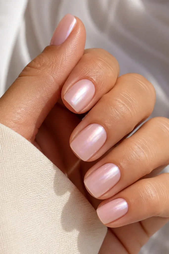 Short squoval nails with a nude base fading into pale pink tips. The chrome finish looks like pearl - not mirror flat - with soft, milky reflections across the surface.