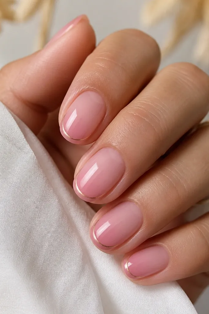 Nails in a short oval shape. The ombre is sheer pink to light rose tips. A thin rose-gold chrome outline follows the French tip edge, like a delicate border, while the rest stays glossy ombréd.