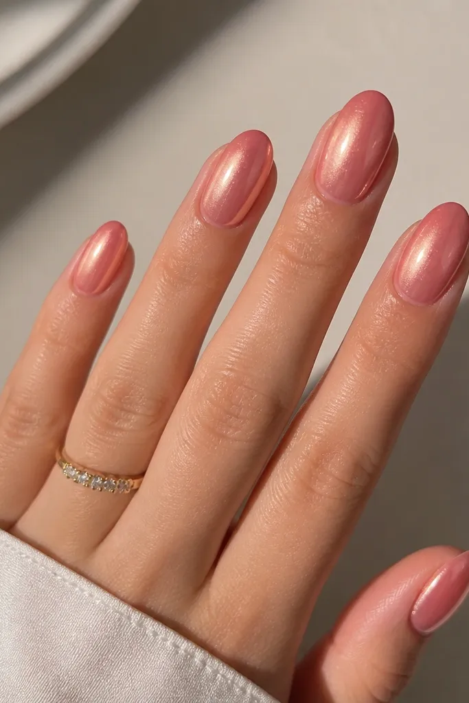 Short almond nails. The ombre goes from sheer peach-pink at the cuticle to warm rose at the tip. A chrome aura glow sits in the center, like a soft halo, with rose-gold reflections radiating outward.