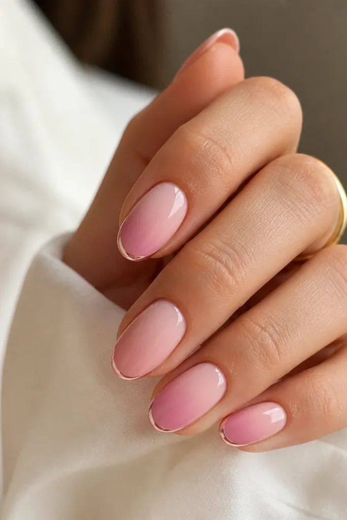 Medium oval nails. The base is baby pink and fades into slightly deeper pink at the tip. Chrome forms a thin halo around the tip edge, brighter at the outer corners.