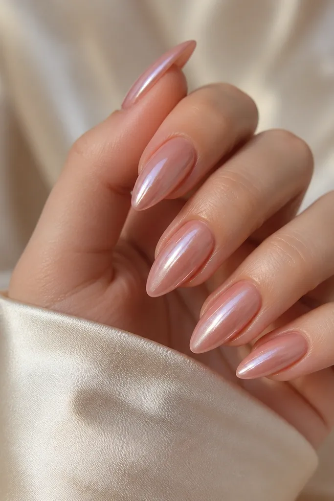 Almond nails with a rosy brown nude base fading into pinkish rose at the tips. The chrome is champagne-pink, giving a warm pearly glow across the whole nail with slightly stronger shine near the tip.
