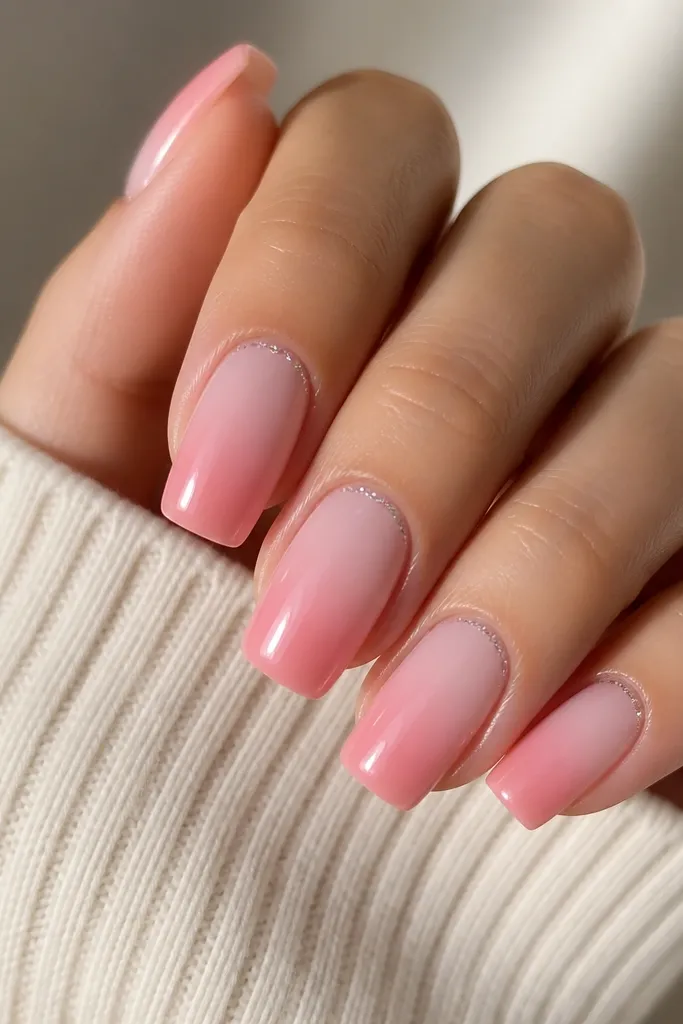 Long squoval nails. The ombre starts sheer pink at the cuticle and fades into medium pink tips. A thin glitter-chrome dust sits right at the cuticle like a soft ring, leaving the rest glossy ombréd.