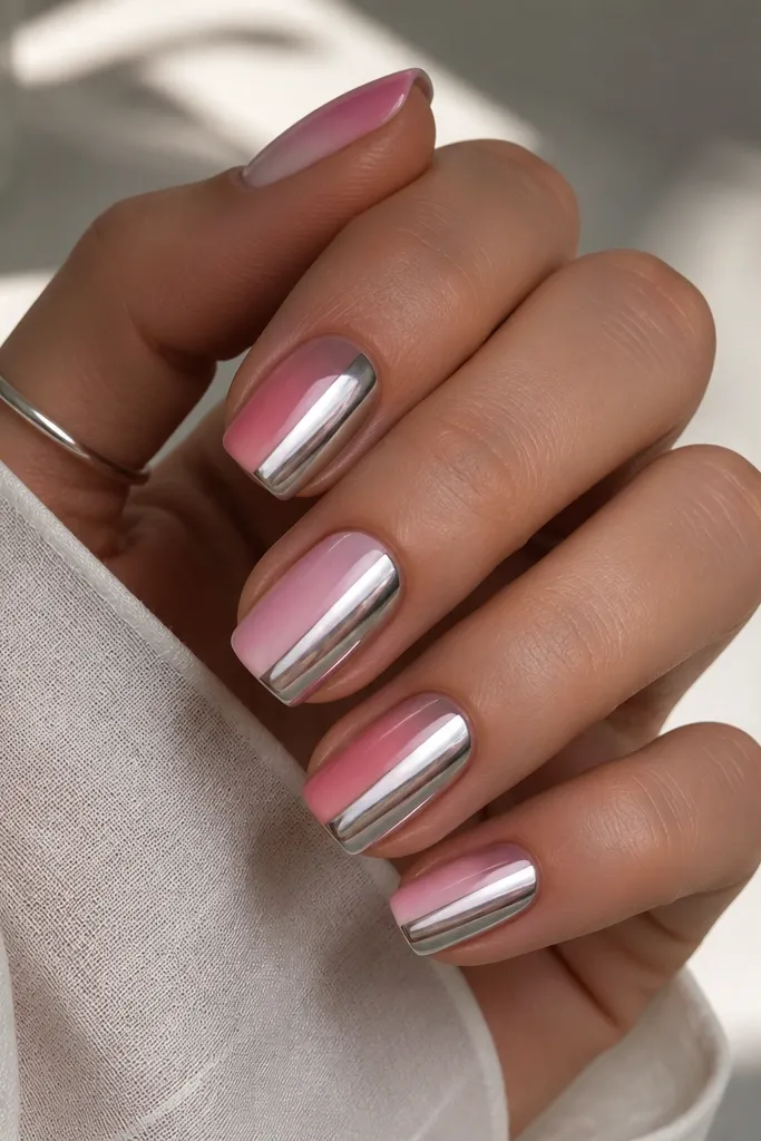 Square almond nails. The left half of each nail is ombréd rose pink to lighter pink, and the right half is mirror chrome. The chrome starts around the center and reflects bright light, with a clean split line.