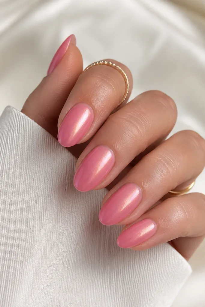 Oval nails with a pink ombre fade. A rose-gold chrome aura sits diagonally across each nail, forming a slanted glow from lower-left to upper-right. The rest of the nail is glossy ombréd pink.