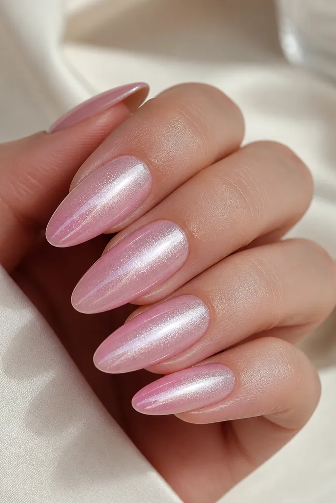 Long almond nails. The ombre is baby pink to soft rose at the tips. Over the chrome, there is a micro-glitter veil that looks like a sheer sparkly layer, brightest at the center and tip.