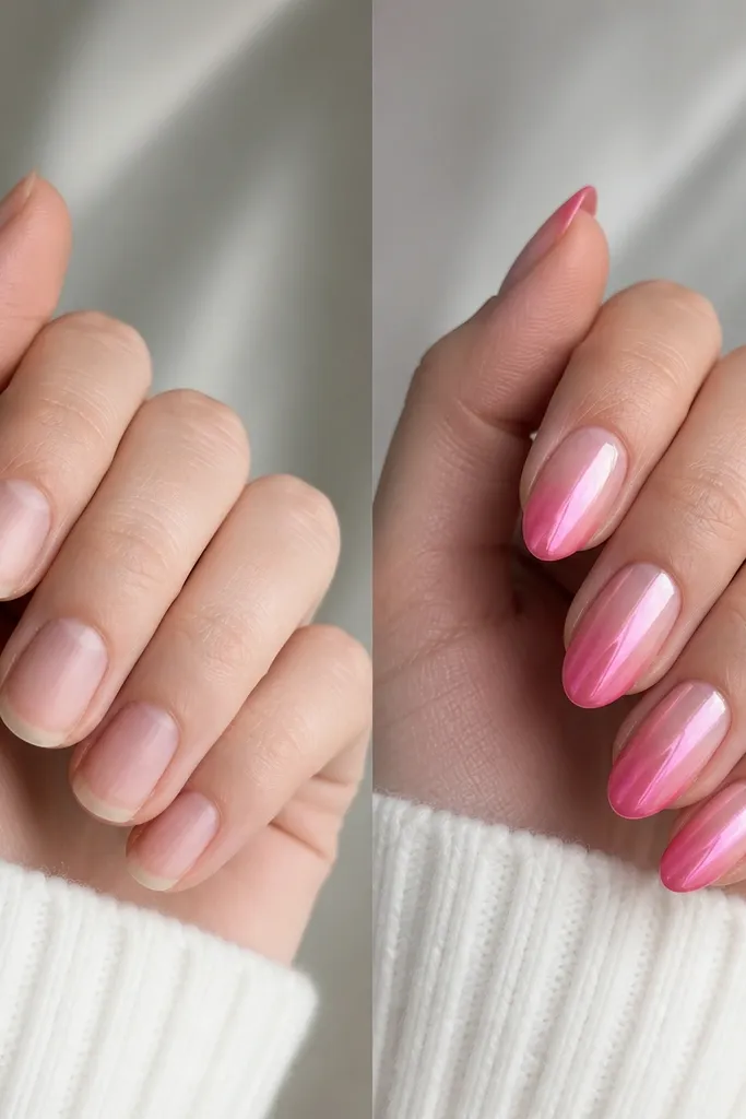 Before and After Pink Ombre Chrome Nails