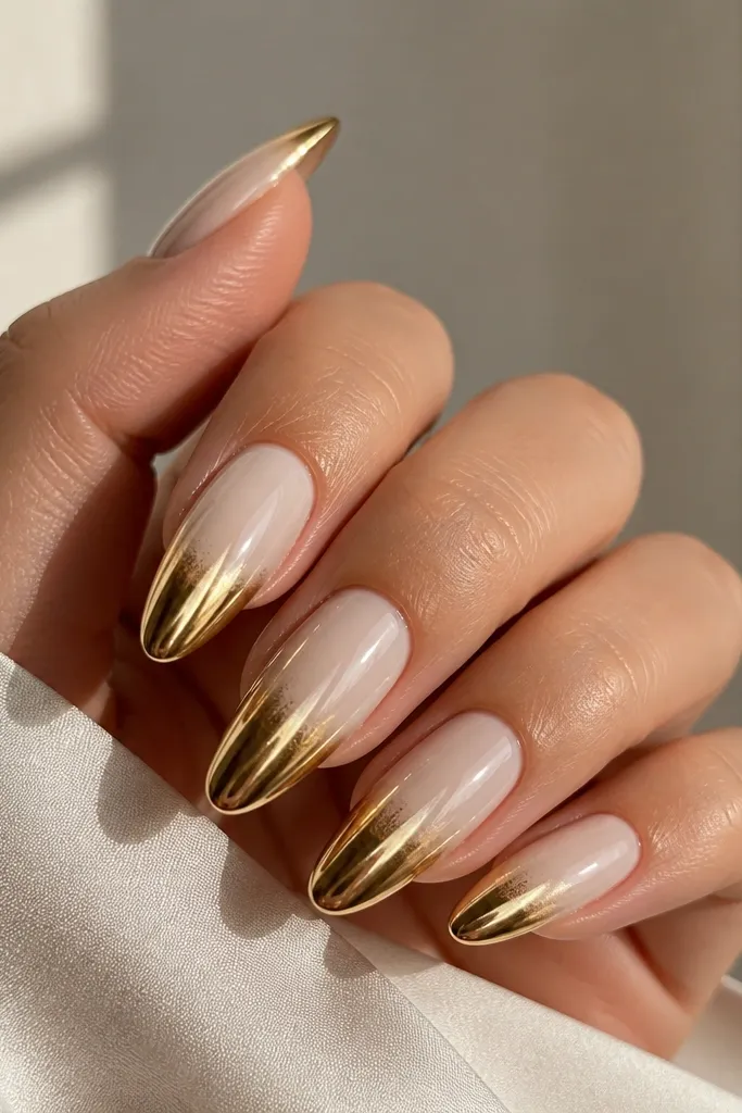 Long almond nails with a soft ombre from milky cream at the cuticle to champagne at mid-nail, ending in a full mirror chrome tip that reflects like a polished gold coin.