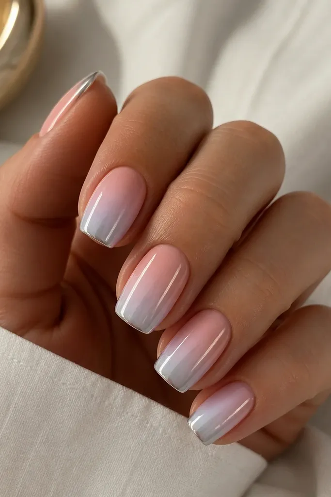 Medium squoval nails with a pearl pink fade into cool silver at the tips, plus a very thin chrome strip running along the outer edge of each nail.