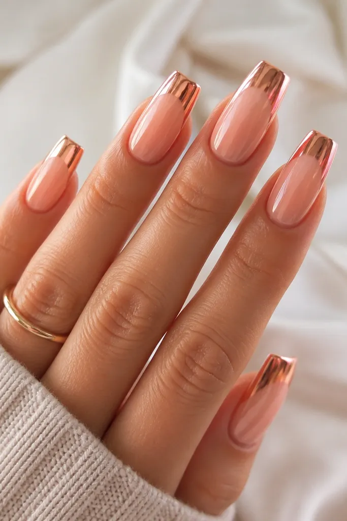 Square nails with a peachy ombre that transitions into rose gold mirror at the tips, reflecting pink-gold highlights.