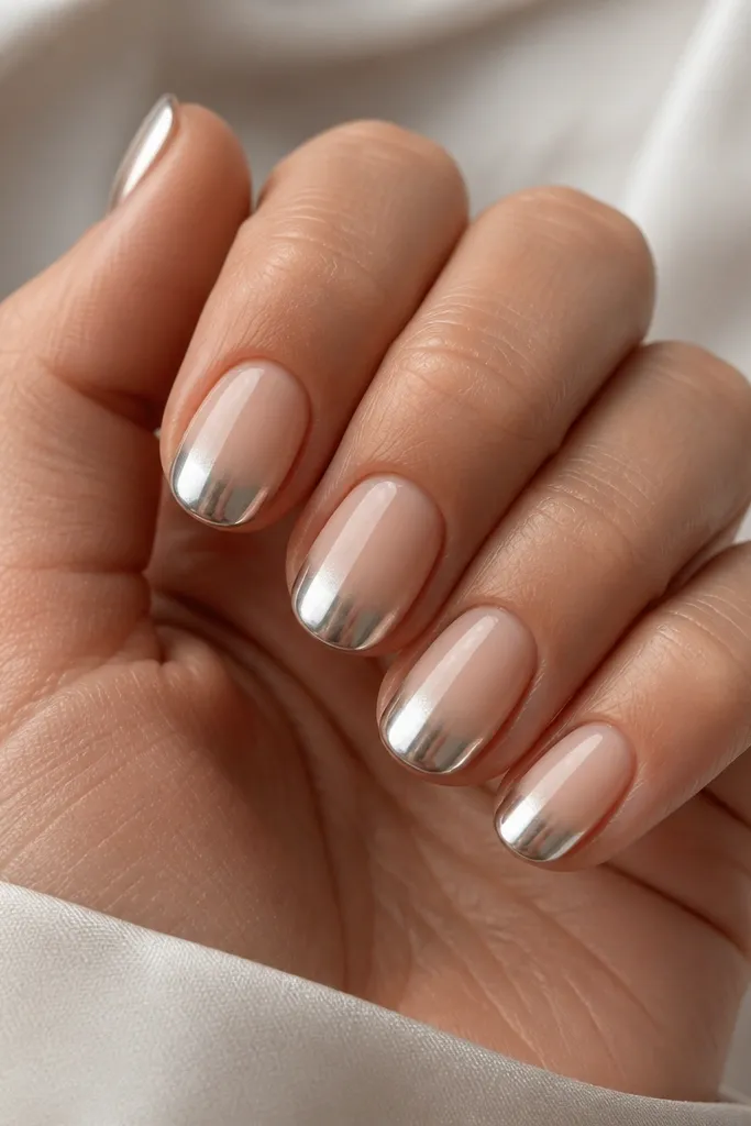 Short tapered nails with a nude beige fade into a bright platinum chrome tip, with a very tight gradient band and clean edges.