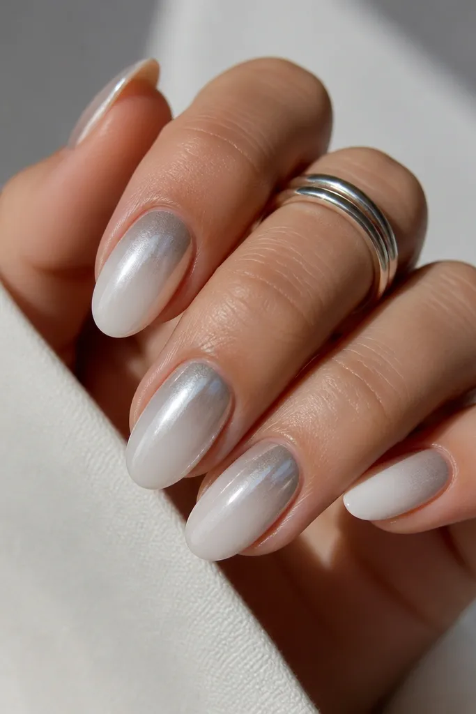 Oval nails with a reverse ombre: silver chrome sits near the cuticle and fades down into milky white toward the free edge.