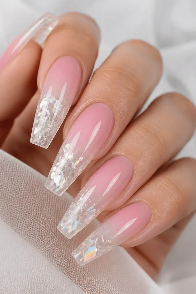 Coffin nails with a rose quartz pink ombre fading into a lighter blush, ending with shattered chrome that looks like reflective glass at the tips.