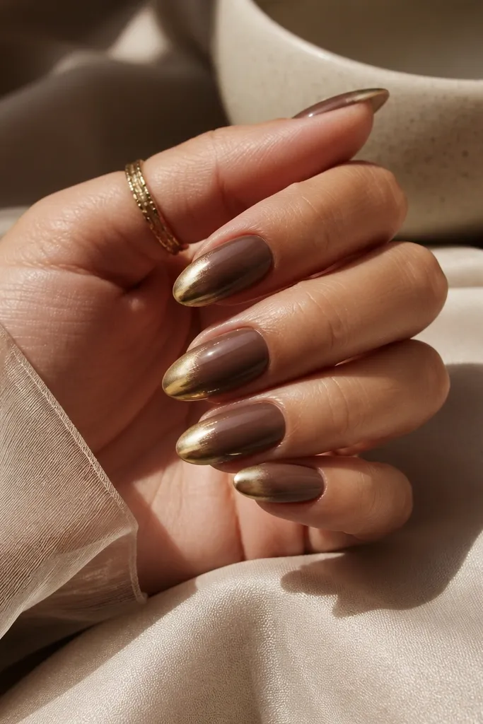 Short almond nails with a mocha-brown ombre that fades into warm brassy gold chrome at the tips, reflecting amber tones.