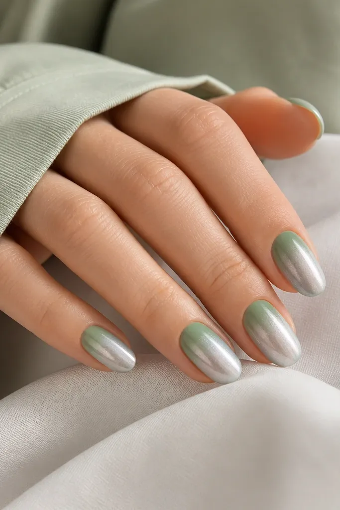 Medium oval nails fading from soft green tea at the cuticle to pale frosty silver at the tips with a frosted chrome effect.