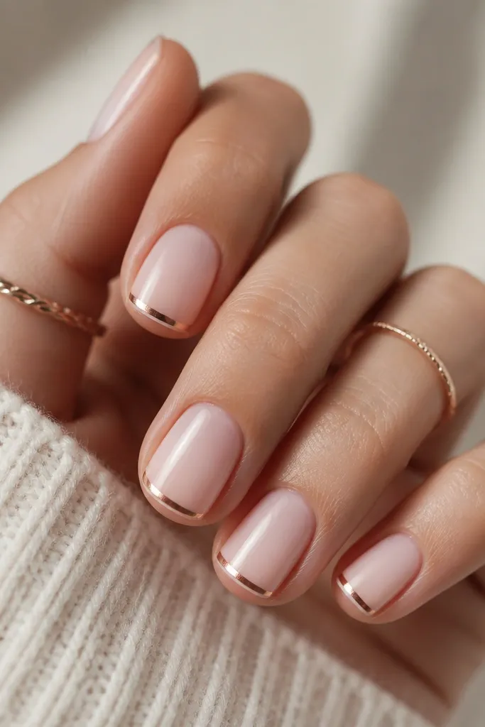 Short square nails with milky white ombre into a soft pink, ending with a thin rose gold chrome band across the tip like a glowing line.