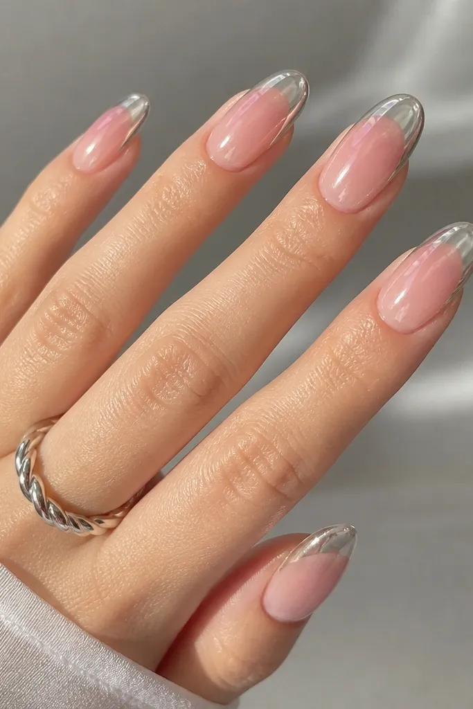 Glossy jelly nails with a clear-to-sheer pink ombre, ending in a crisp mirror silver chrome tip that looks like glass.