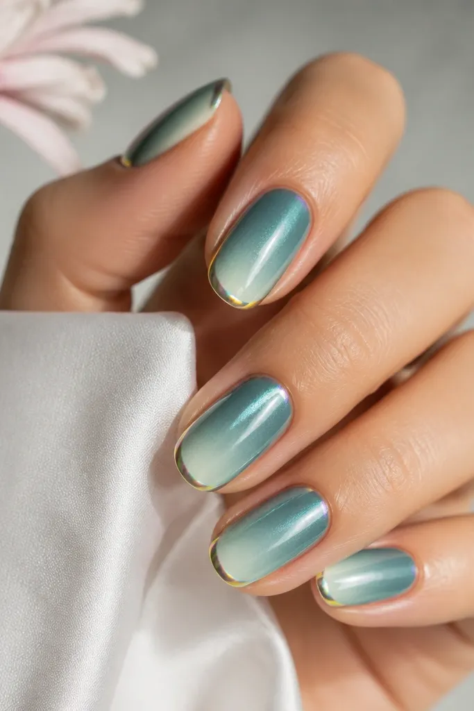 Round nails with a teal pearl ombre fading into pale teal at the tips, plus a thin prism chrome edge that shifts color with the light.