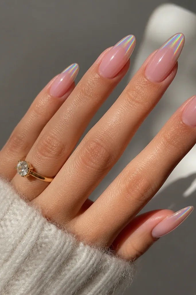 Long almond nails with a clear-to-pink ombre, finished with a hologram chrome fade that shows rainbow flashes at the tips.