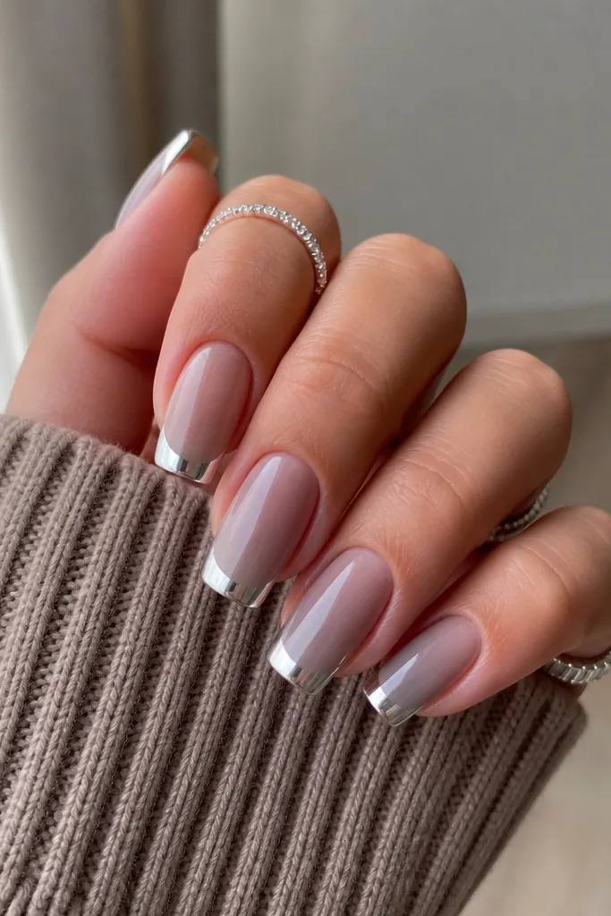 Squoval nails with a soft taupe ombre and a classic French tip shape in mirror silver, with a crisp white-free edge look.