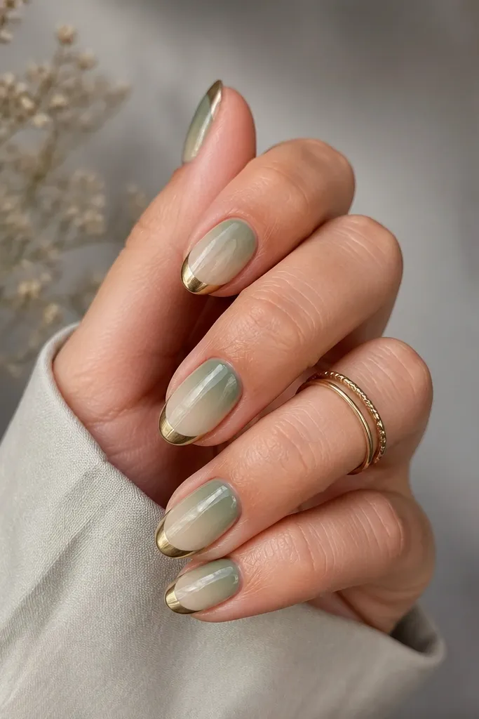 Short almond nails with a sage green ombre fading into a sheer pale green base, and gold chrome applied to only the top half of the tip.