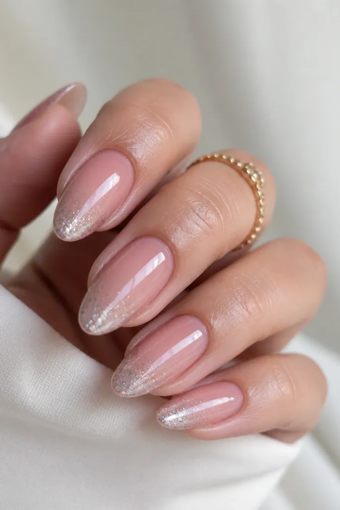 Medium almond nails with a rose blush ombre fading into a platinum chrome tip that has a fine micro-glitter sparkle rather than full mirror coverage.