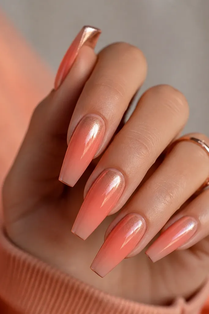 Coffin nails with a sunset coral ombre fading into peachy nude, ending in a rose gold chrome glow concentrated at the top of the tip.