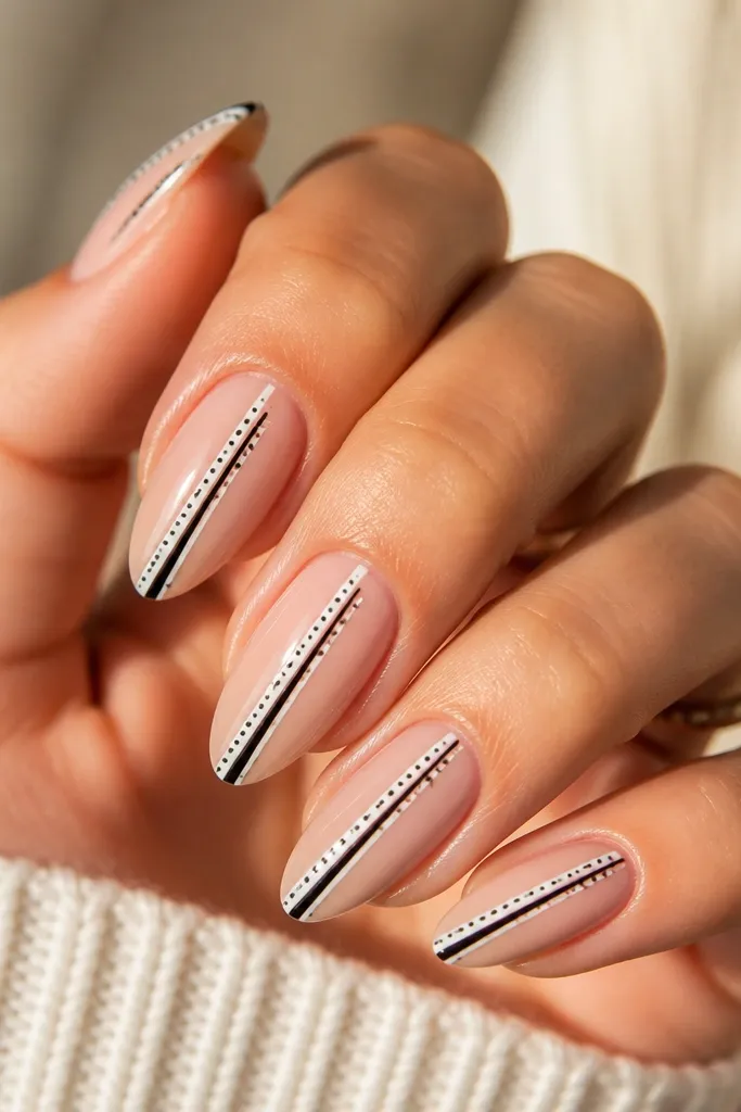 Short nails painted sheer nude base. Each nail has a thin vertical black stripe running from near cuticle to tip, with two tiny white dots on one side of the stripe. The rest of the nail stays nude/clear, crisp and high contrast.