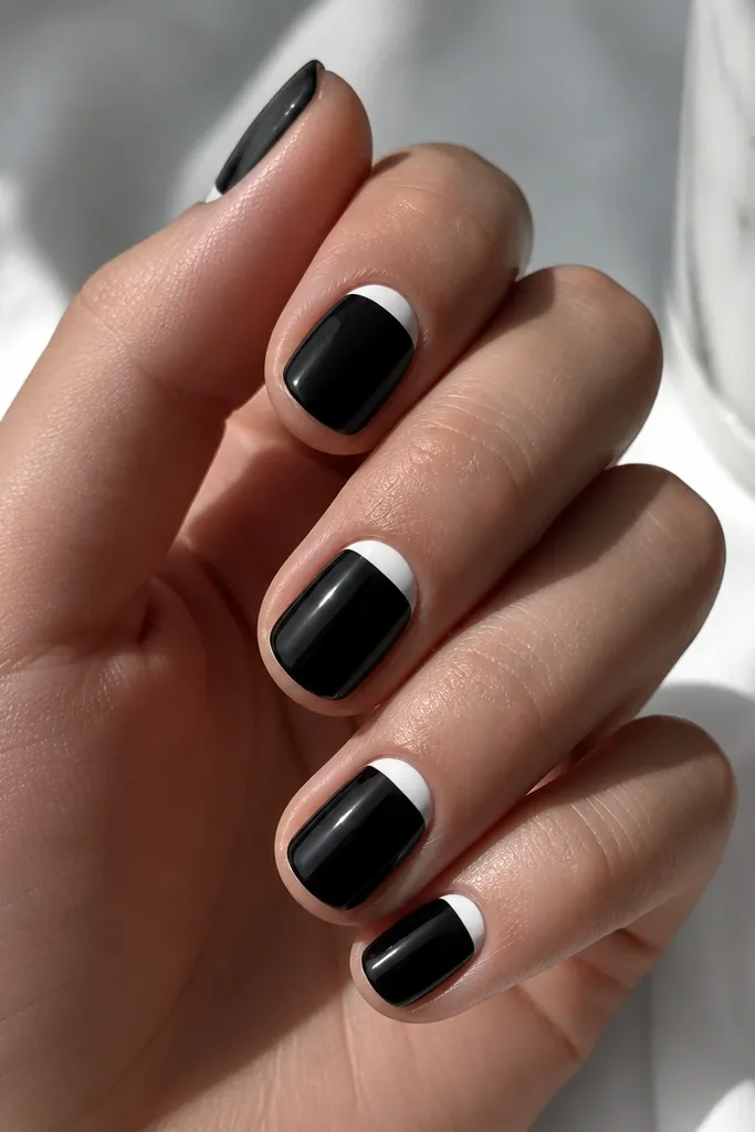 Short nails with black base. A clean white half-moon sits right at the cuticle edge, following the curve of the nail. The rest of the nail is solid black with glossy finish.