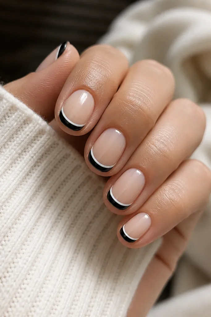Short nails with nude base. Tips are painted solid black in a french shape. Inside each black tip, there's a thin white line running parallel to the smile line, creating a double-edge look.