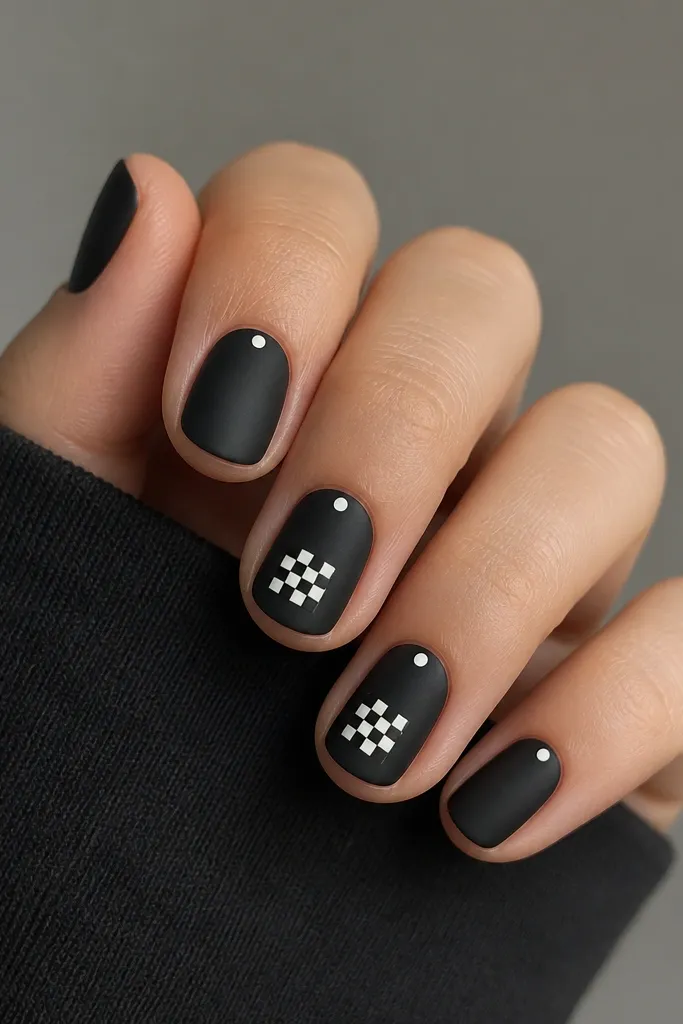 Short nails in matte black. Two accent nails have a small checkerboard pattern in black and white squares near the center, with the rest of the nail matte black. Other nails are plain matte black with a tiny white dot near the cuticle.